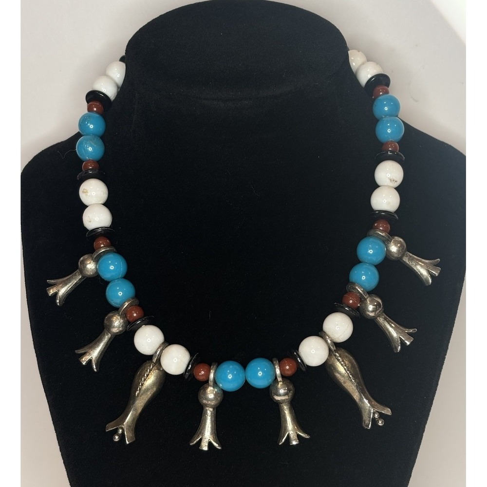 Vintage Southwestern Fetish Necklace 16" Turquoise Acrylic Beads Metal Charms